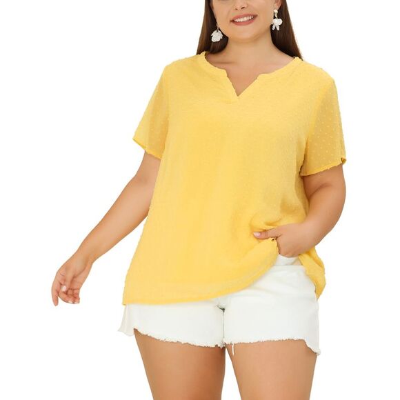 Women's Plus Size Blouses Pin Dots Round Neck Basic Top Yellow - Picture 1 of 6